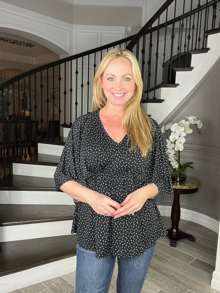 Dear Scarlett Black Polka Dot Dreamer-100 Short Sleeves- Simply Simpson's Boutique is a Women's Online Fashion Boutique Located in Jupiter, Florida