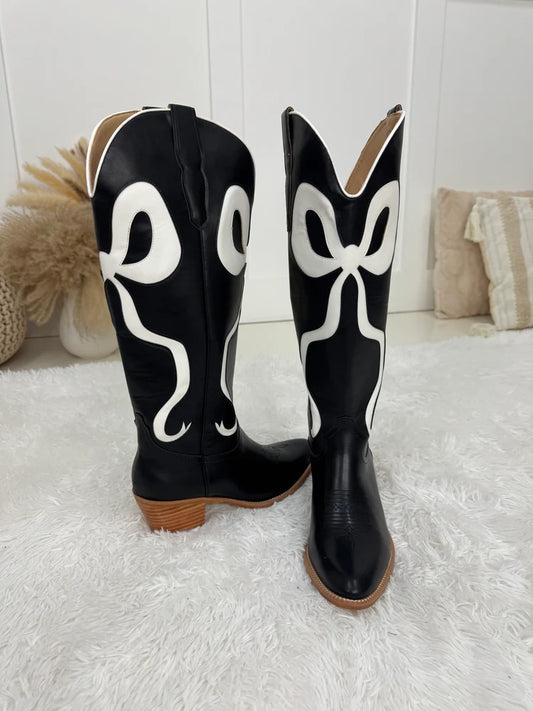 Tall Black with White Bows Boots-260 Shoes- Simply Simpson's Boutique is a Women's Online Fashion Boutique Located in Jupiter, Florida