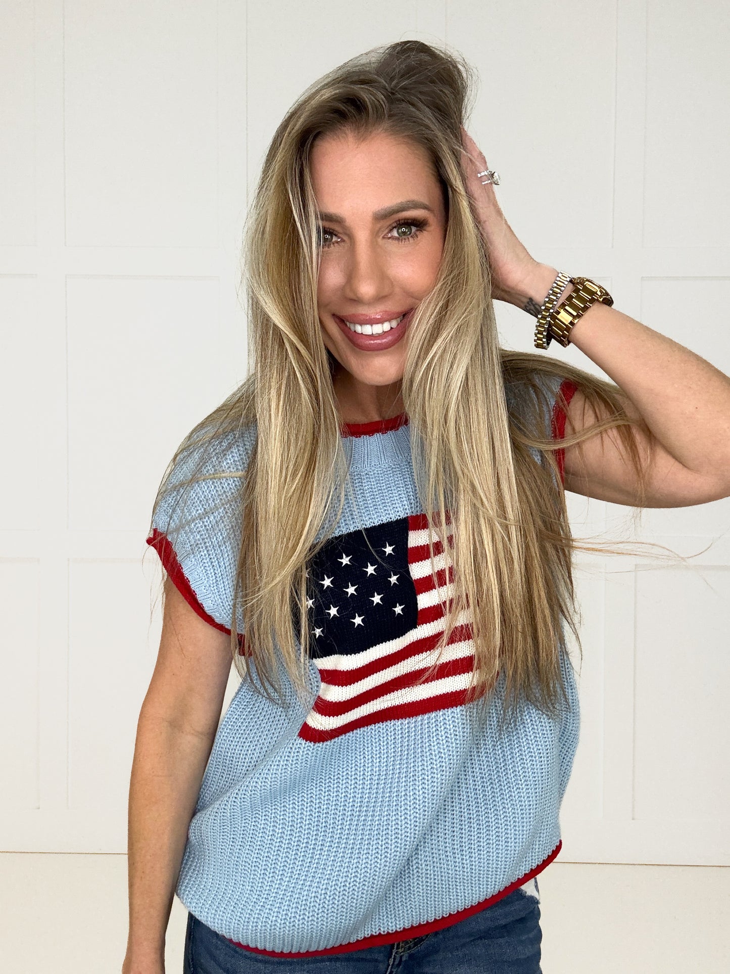 Blue American Babe Knit Top-100 Short Sleeves- Simply Simpson's Boutique is a Women's Online Fashion Boutique Located in Jupiter, Florida