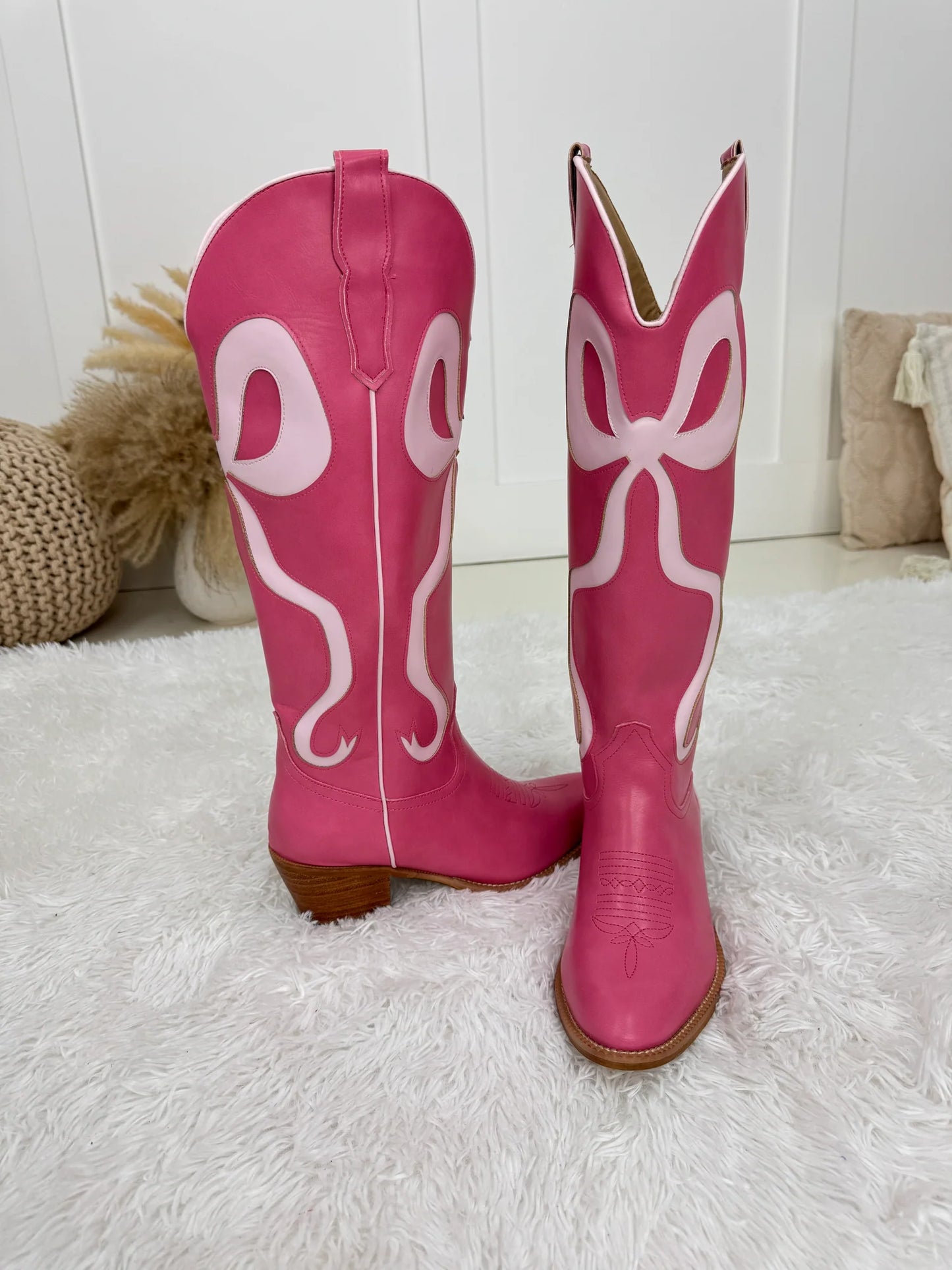 Solid Pink with Pink Bows Tall Bow Boots-260 Shoes- Simply Simpson's Boutique is a Women's Online Fashion Boutique Located in Jupiter, Florida