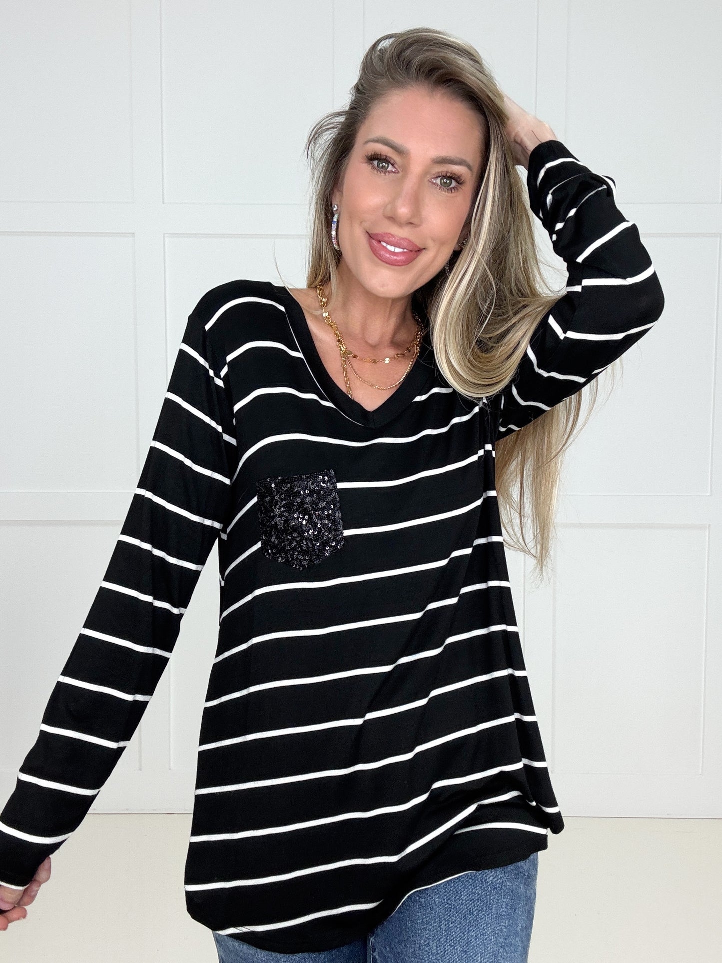 Midnight Sparkle Striped Top-110 Long Sleeves- Simply Simpson's Boutique is a Women's Online Fashion Boutique Located in Jupiter, Florida