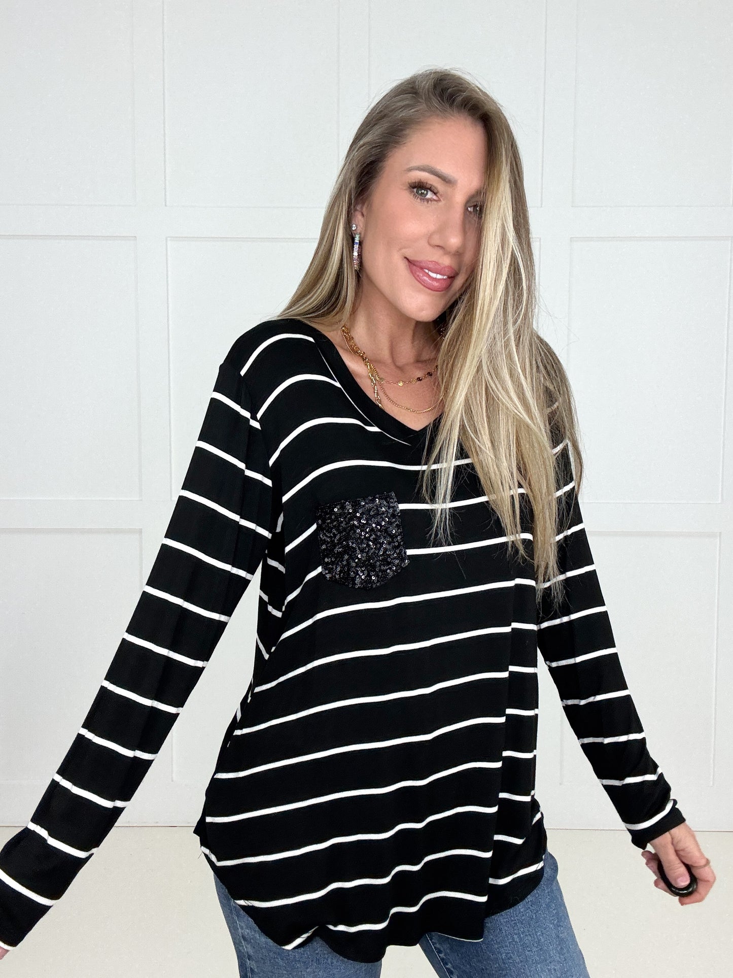 Midnight Sparkle Striped Top-110 Long Sleeves- Simply Simpson's Boutique is a Women's Online Fashion Boutique Located in Jupiter, Florida