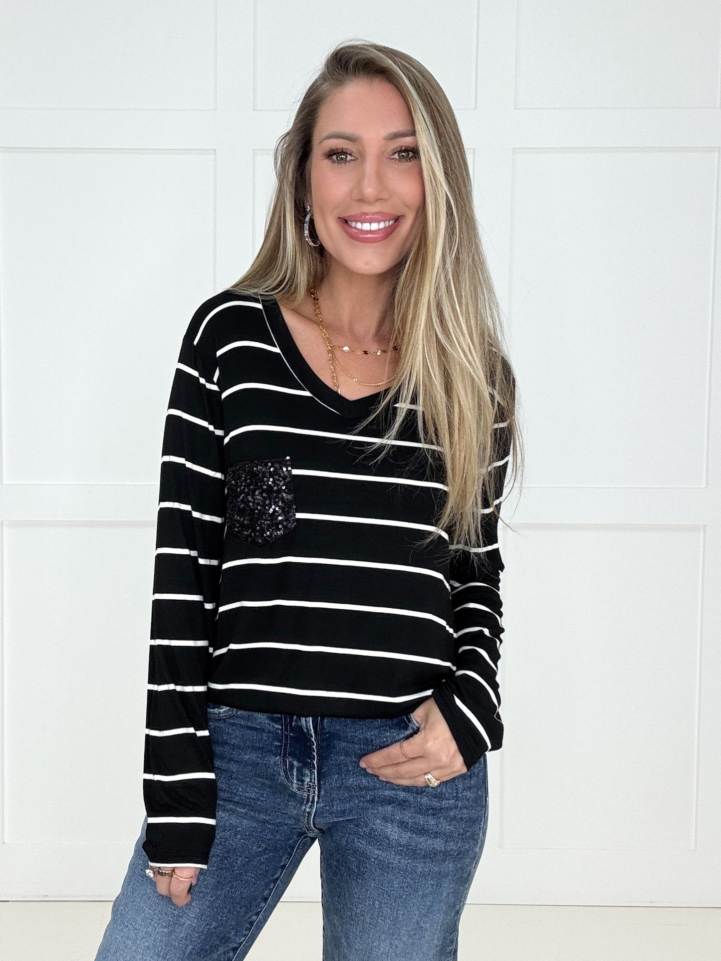 Midnight Sparkle Striped Top-110 Long Sleeves- Simply Simpson's Boutique is a Women's Online Fashion Boutique Located in Jupiter, Florida
