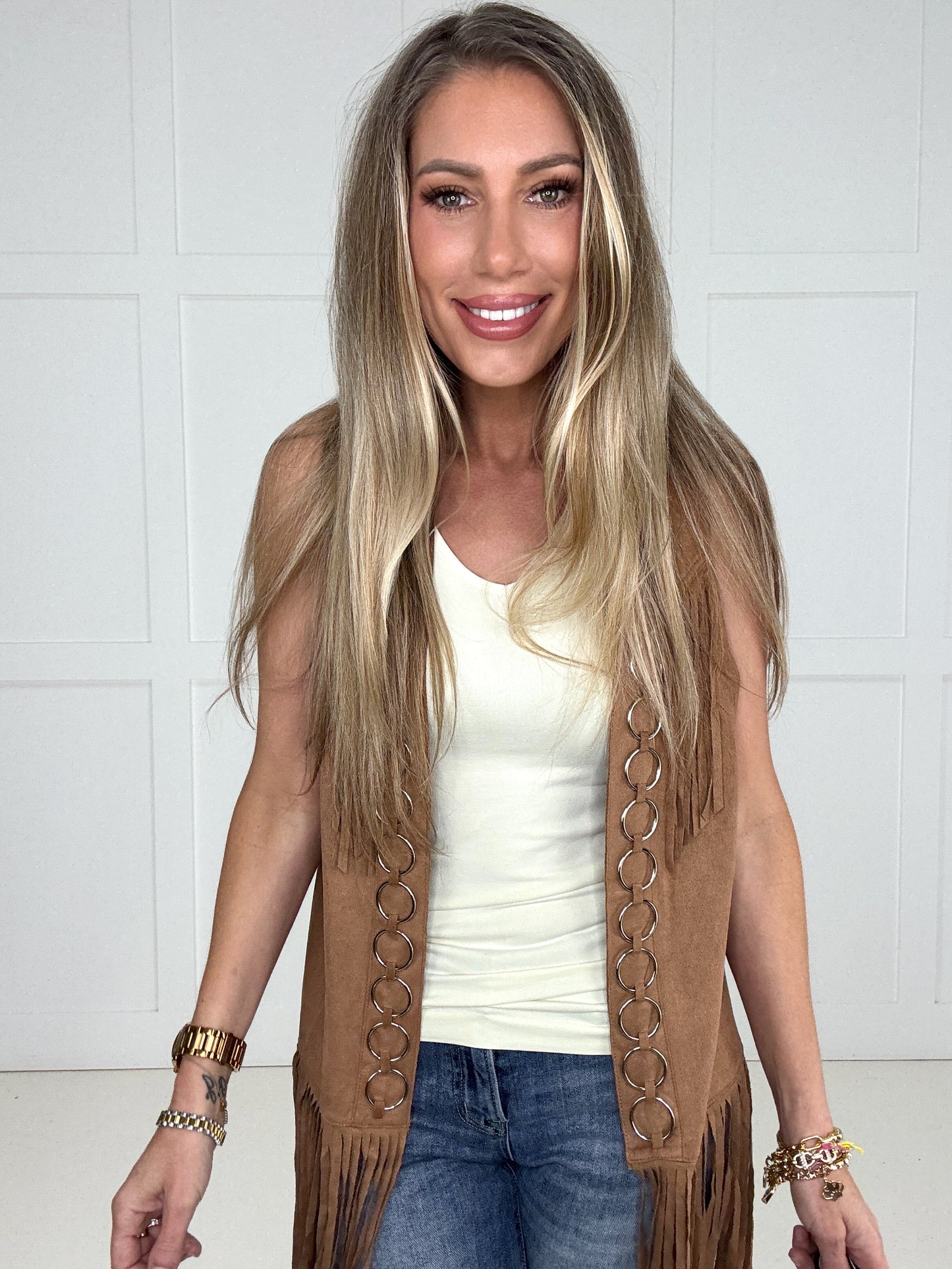 Camel Desert Dusk Fringe Vest-120 Sleeveless- Simply Simpson's Boutique is a Women's Online Fashion Boutique Located in Jupiter, Florida