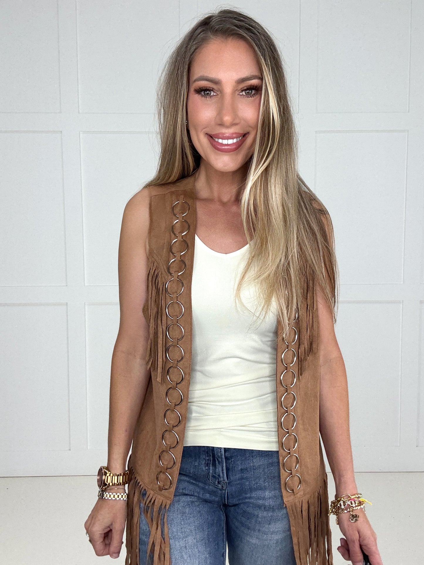 Camel Desert Dusk Fringe Vest-120 Sleeveless- Simply Simpson's Boutique is a Women's Online Fashion Boutique Located in Jupiter, Florida