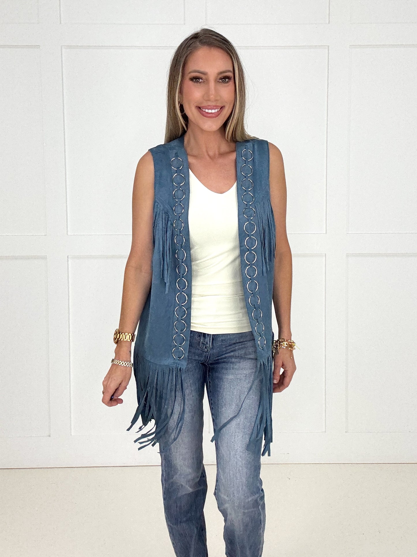 Blue Desert Dusk Fringe Vest-120 Sleeveless- Simply Simpson's Boutique is a Women's Online Fashion Boutique Located in Jupiter, Florida