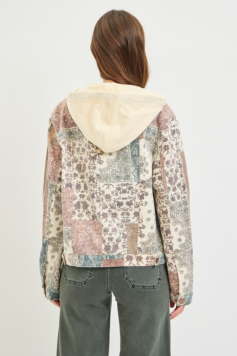 Risen Boho Bliss Denim Patchwork Hooded Jacket