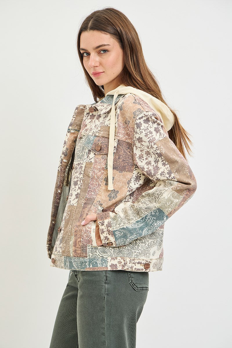 Risen Boho Bliss Denim Patchwork Hooded Jacket