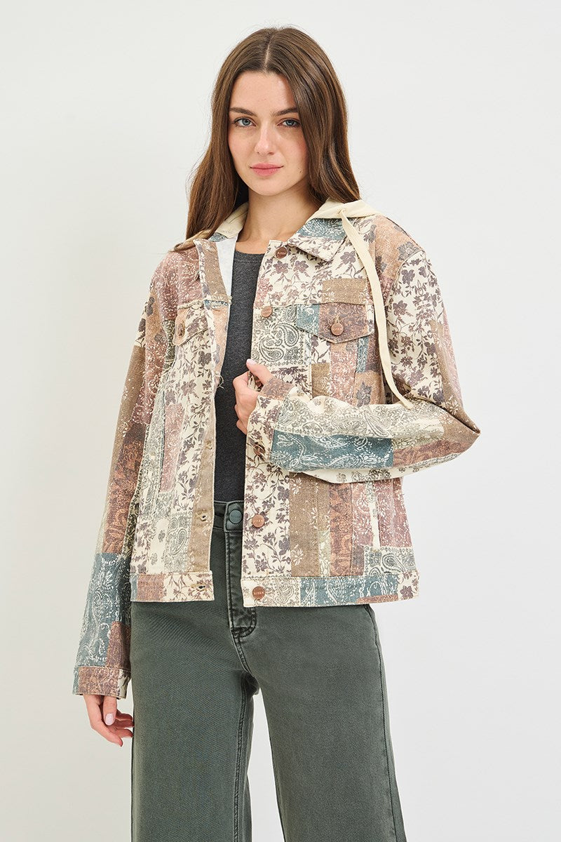 Risen Boho Bliss Denim Patchwork Hooded Jacket