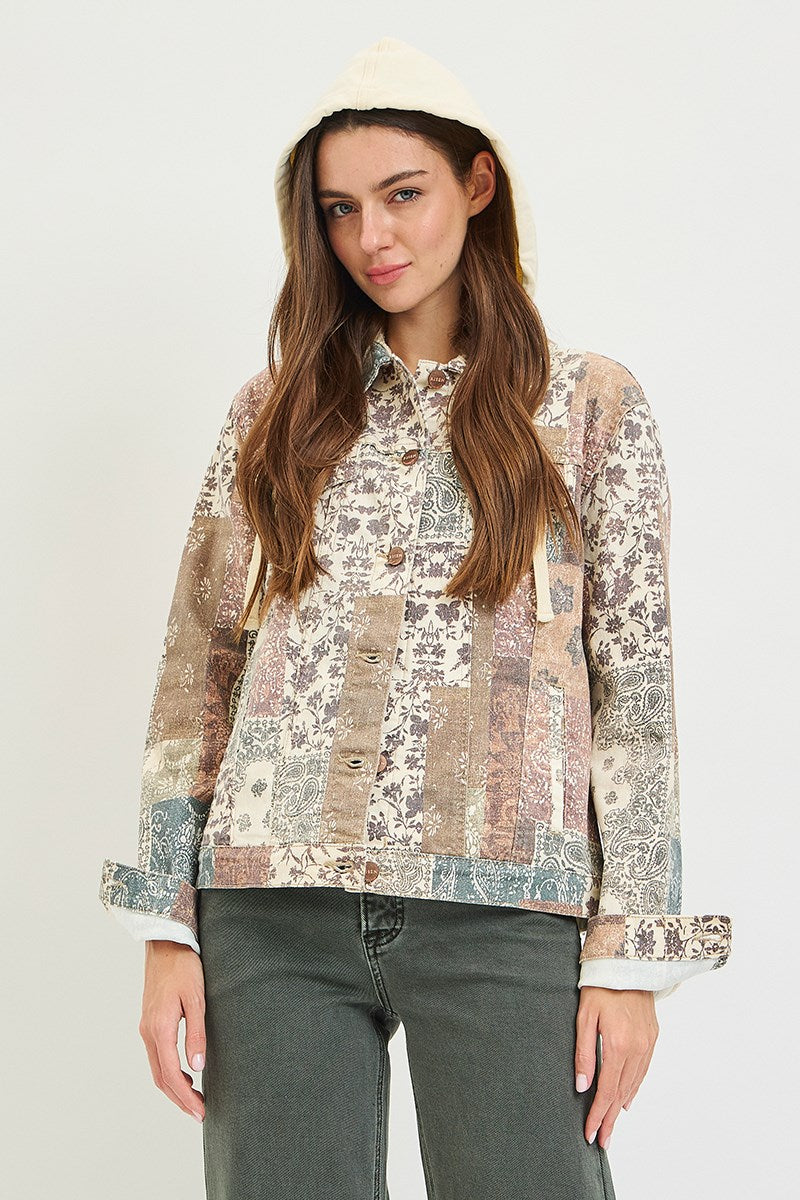 Risen Boho Bliss Denim Patchwork Hooded Jacket