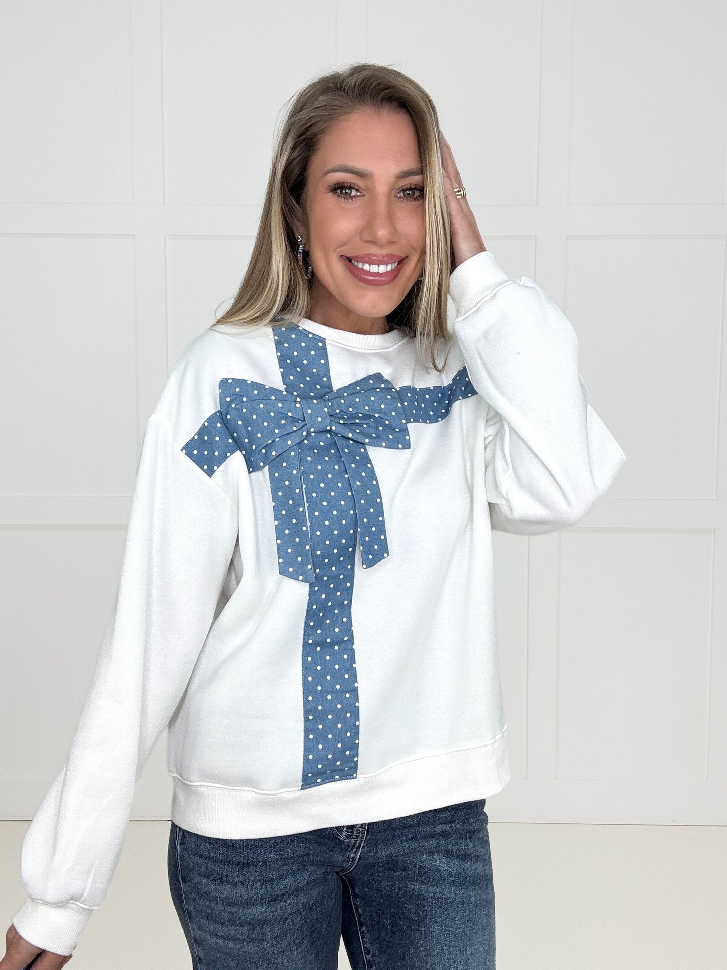 Dottie Denim Bow Sweatshirt-160 Sweatshirts- Simply Simpson's Boutique is a Women's Online Fashion Boutique Located in Jupiter, Florida