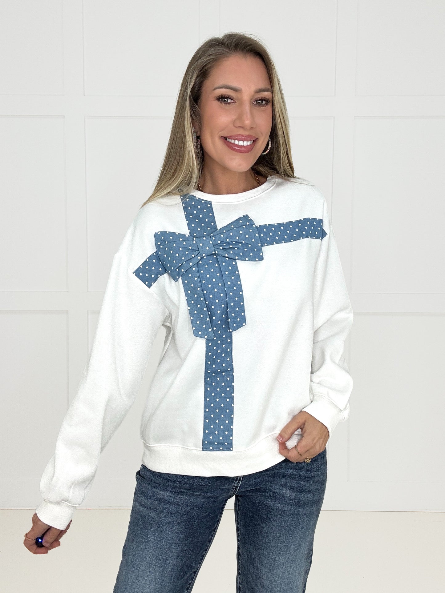 Dottie Denim Bow Sweatshirt-160 Sweatshirts- Simply Simpson's Boutique is a Women's Online Fashion Boutique Located in Jupiter, Florida