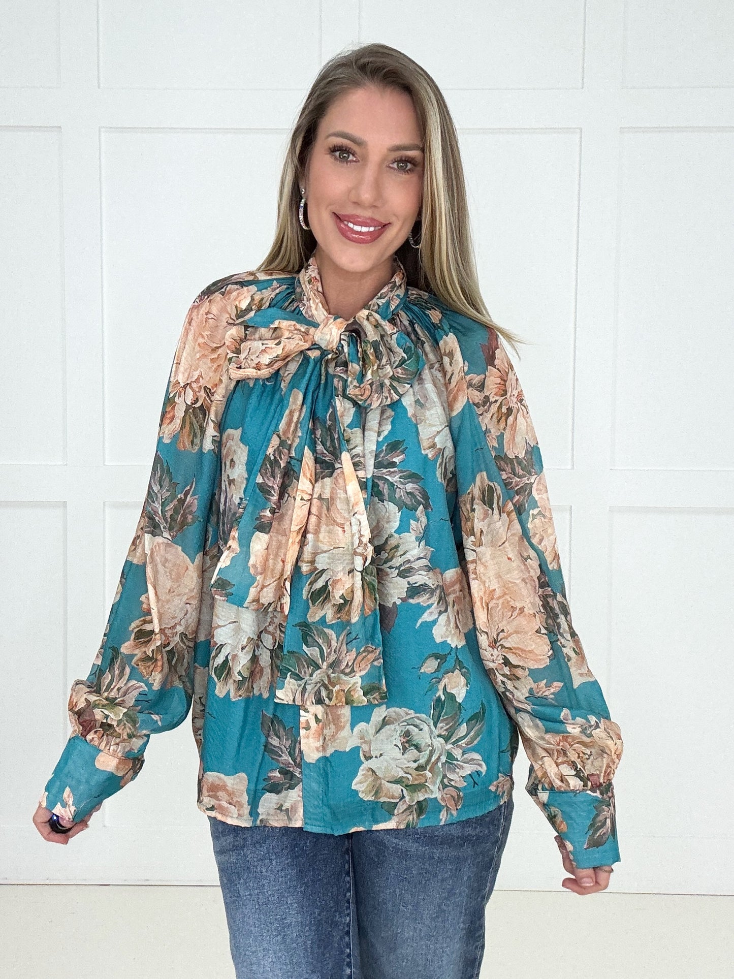 Turquoise Blossom & Bow Blouse