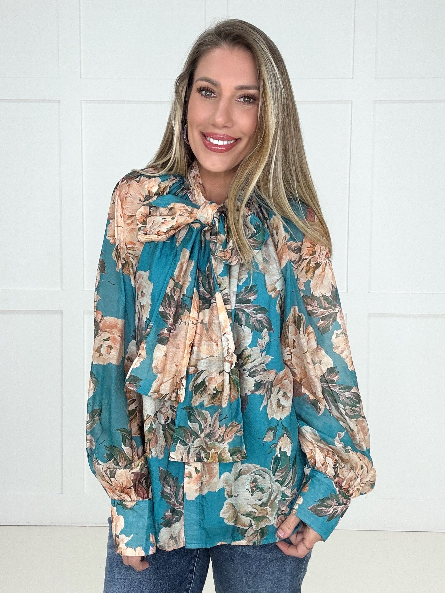 Turquoise Blossom & Bow Blouse
