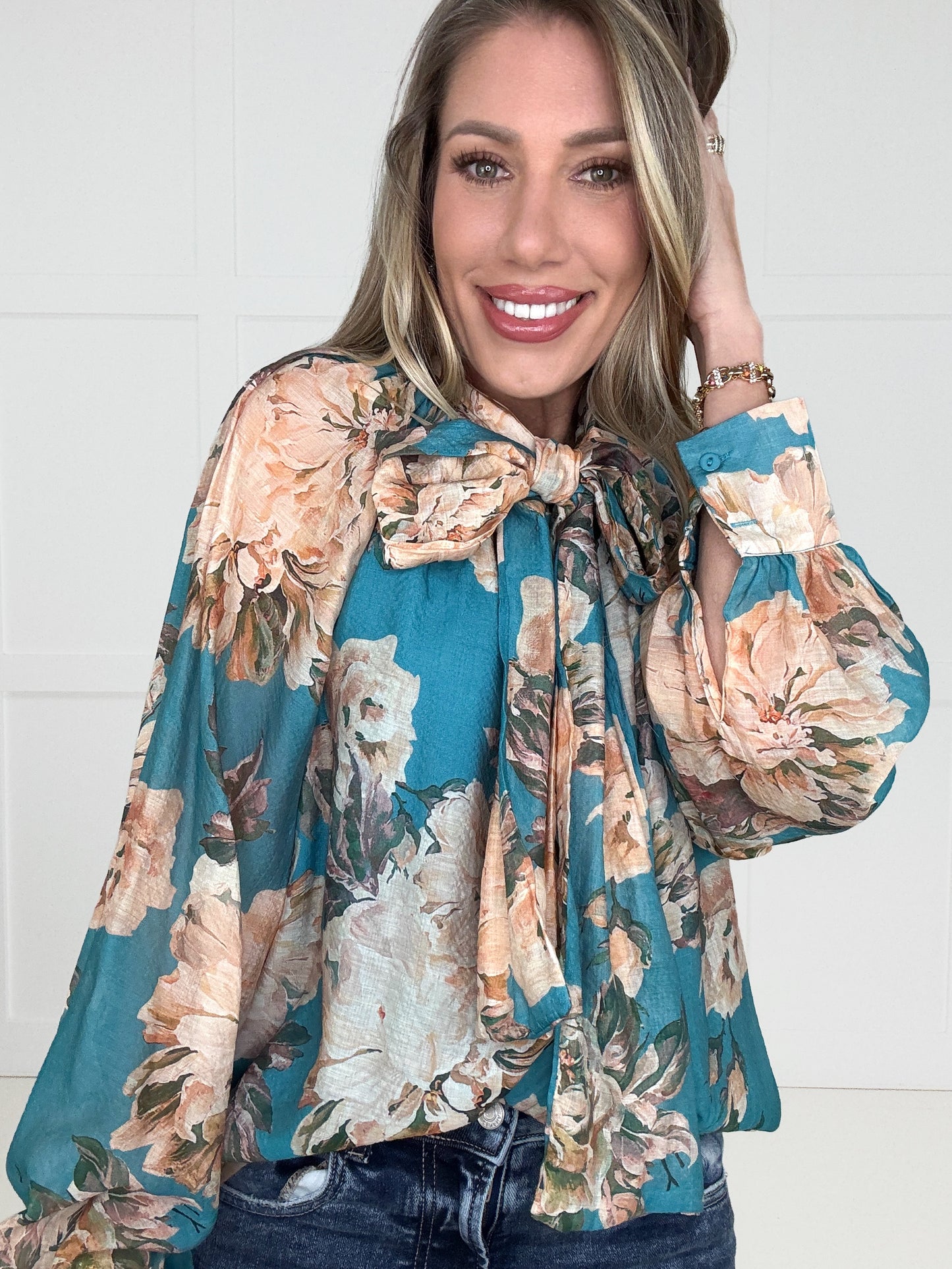 Turquoise Blossom & Bow Blouse