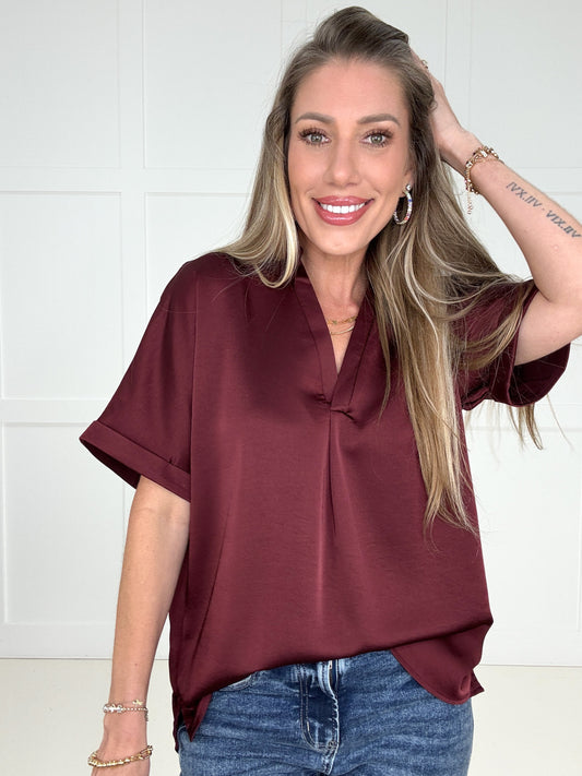Wine Glam Satin V-Neck Blouse