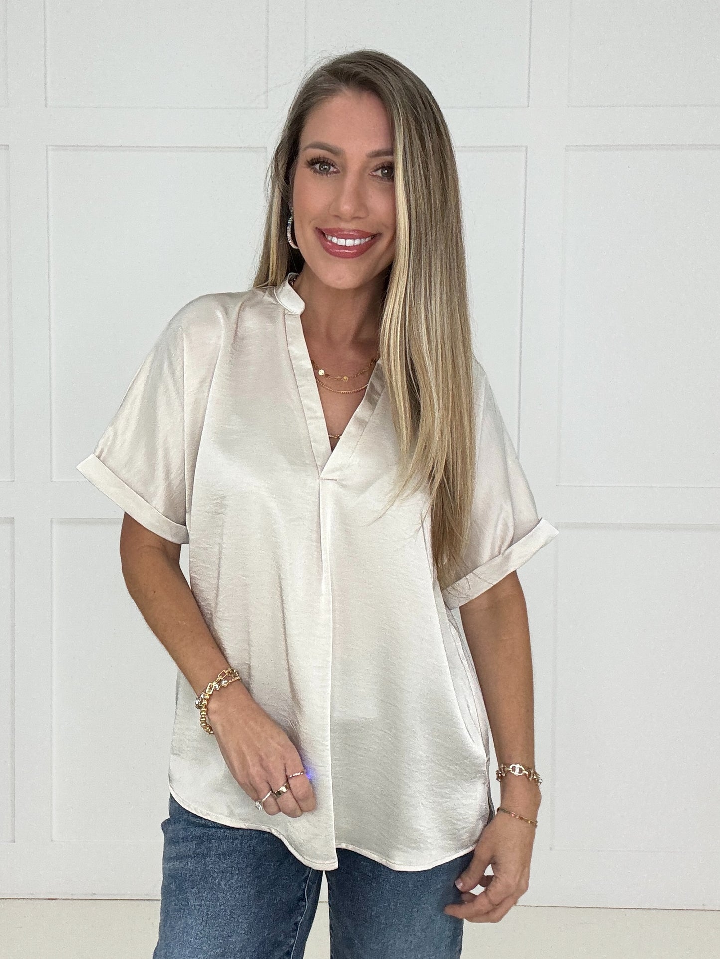 Cream Glam Satin V-Neck Blouse