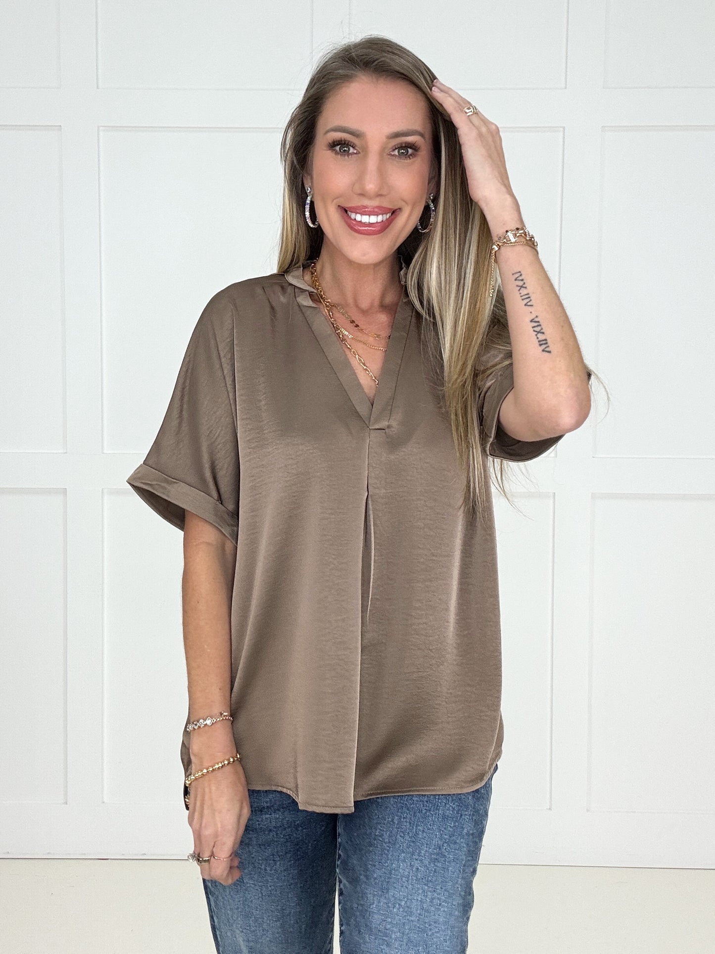 Mocha Glam Satin V-Neck Blouse