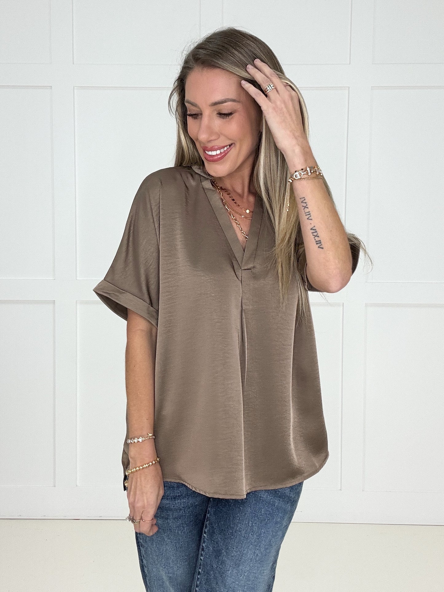 Mocha Glam Satin V-Neck Blouse