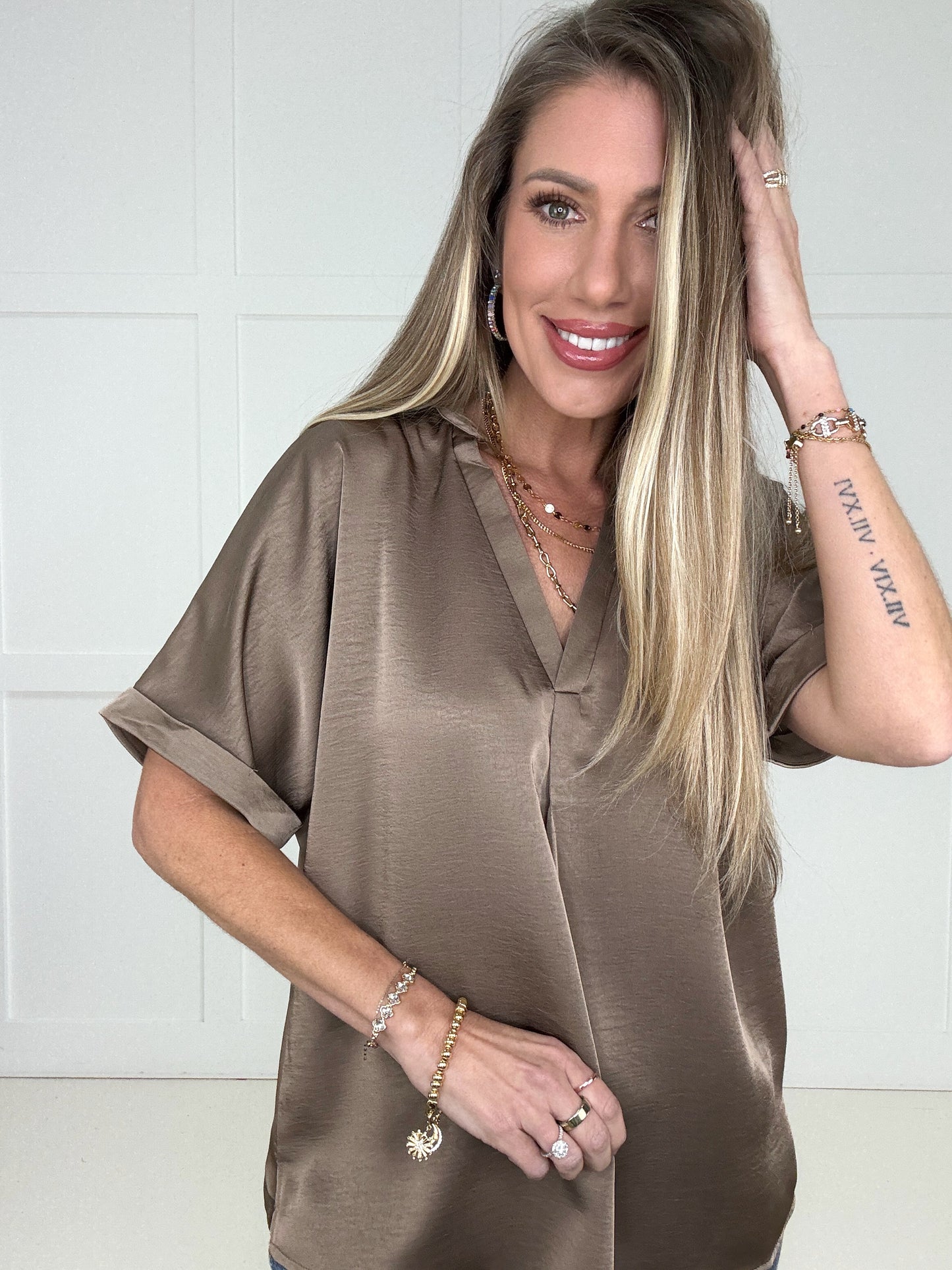 Mocha Glam Satin V-Neck Blouse