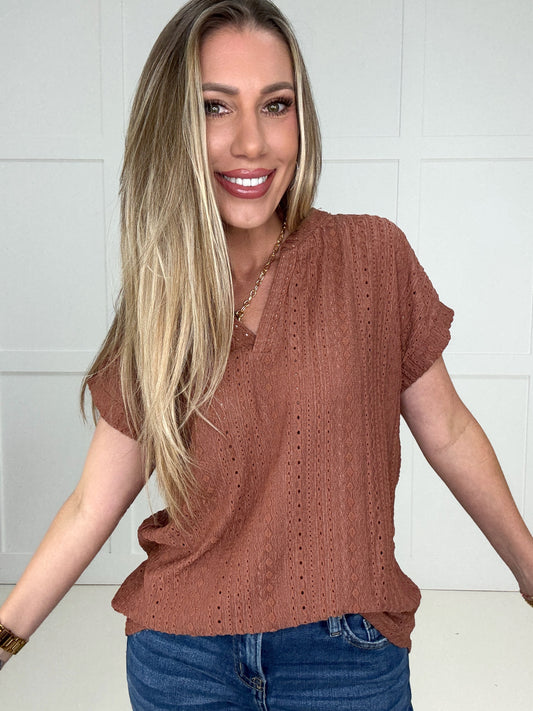 Brown Eyelet Short Sleeve V Neck-100 Short Sleeves- Simply Simpson's Boutique is a Women's Online Fashion Boutique Located in Jupiter, Florida