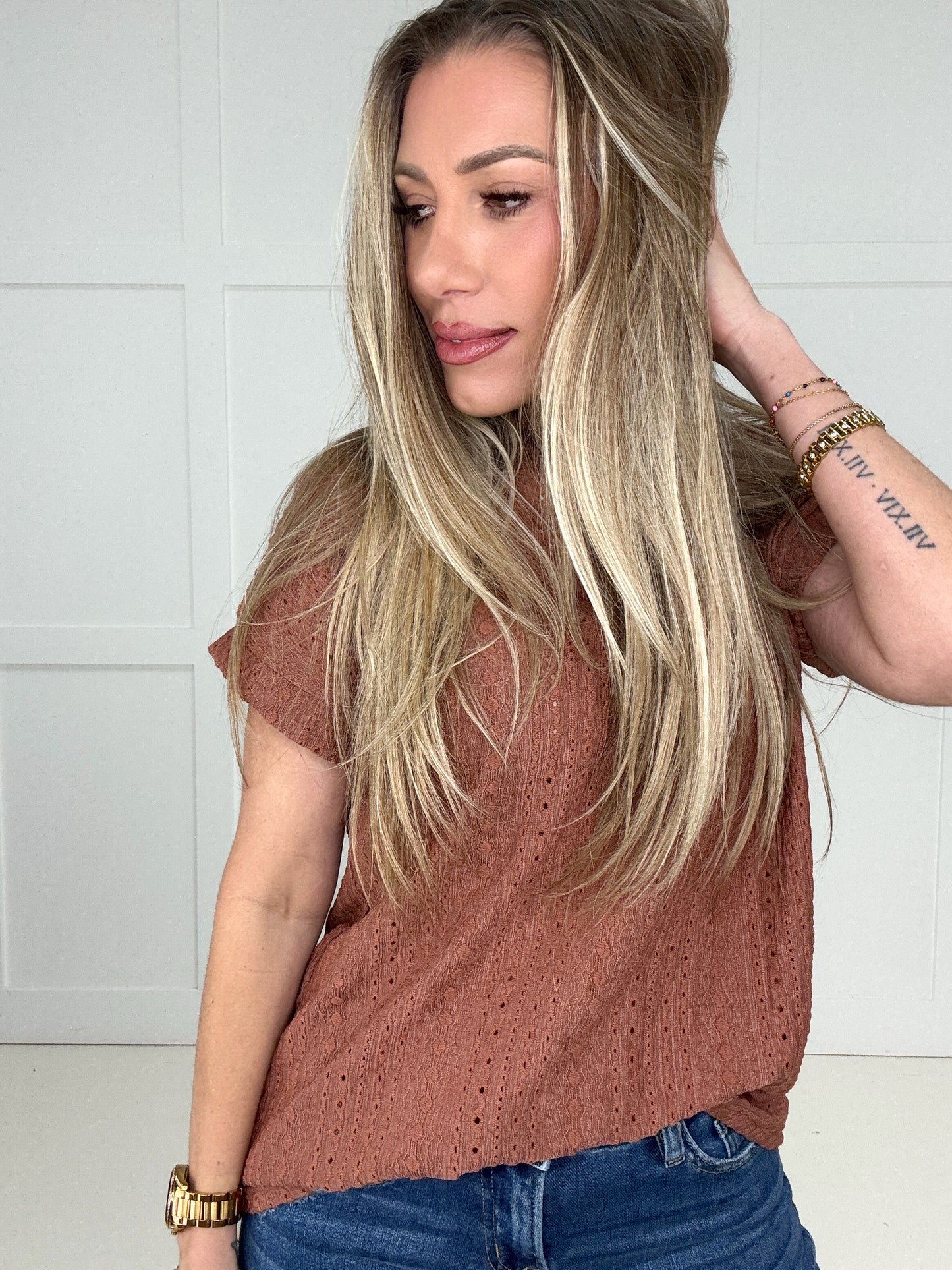 Brown Eyelet Short Sleeve V Neck-100 Short Sleeves- Simply Simpson's Boutique is a Women's Online Fashion Boutique Located in Jupiter, Florida