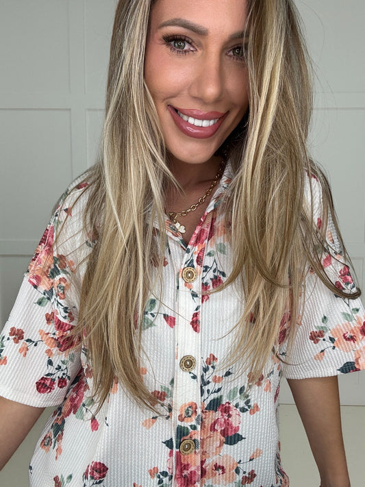 Rosy Bloom Short Sleeve Button Down Top-100 Short Sleeves- Simply Simpson's Boutique is a Women's Online Fashion Boutique Located in Jupiter, Florida