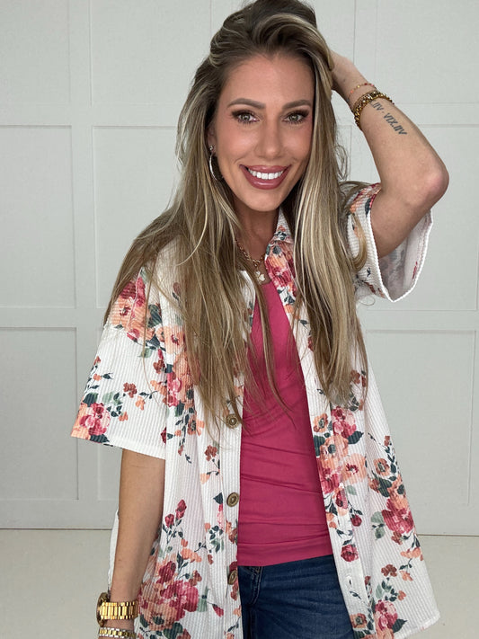 Rosy Bloom Short Sleeve Button Down Top-100 Short Sleeves- Simply Simpson's Boutique is a Women's Online Fashion Boutique Located in Jupiter, Florida