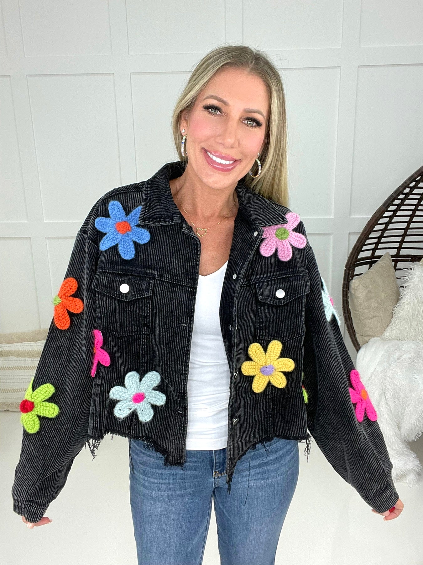 Neon Flower Corduroy Jacket-180 Outerwear- Simply Simpson's Boutique is a Women's Online Fashion Boutique Located in Jupiter, Florida