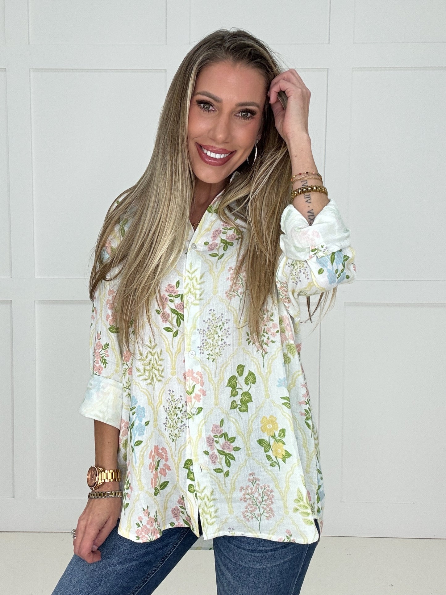 Botanical Garden Button Down Blouse-110 Long Sleeves- Simply Simpson's Boutique is a Women's Online Fashion Boutique Located in Jupiter, Florida