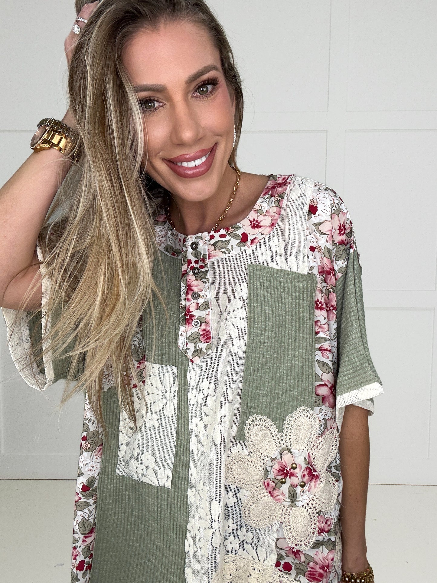 POL Sage Floral Patch Top-100 Short Sleeves- Simply Simpson's Boutique is a Women's Online Fashion Boutique Located in Jupiter, Florida