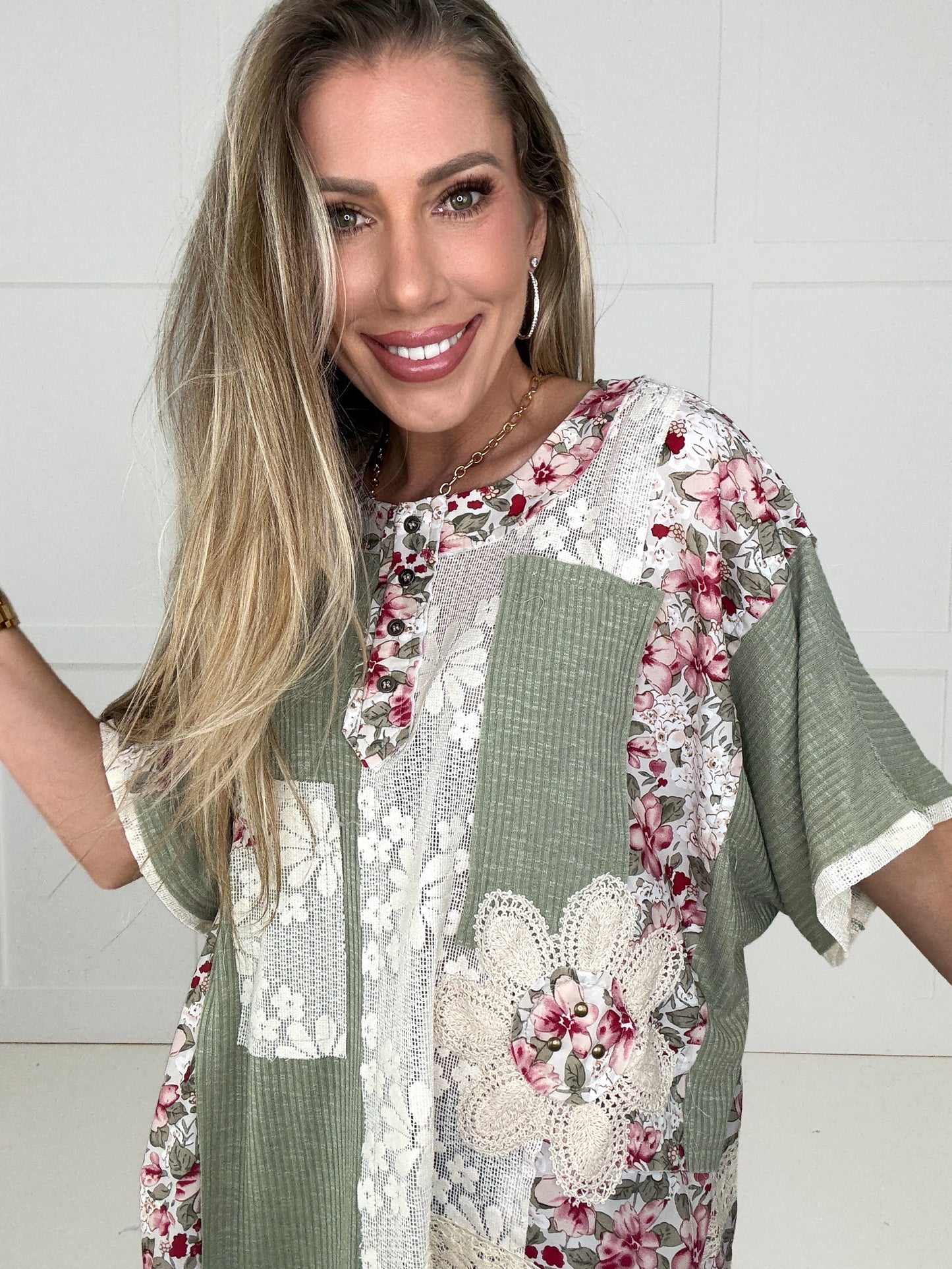 POL Sage Floral Patch Top-100 Short Sleeves- Simply Simpson's Boutique is a Women's Online Fashion Boutique Located in Jupiter, Florida