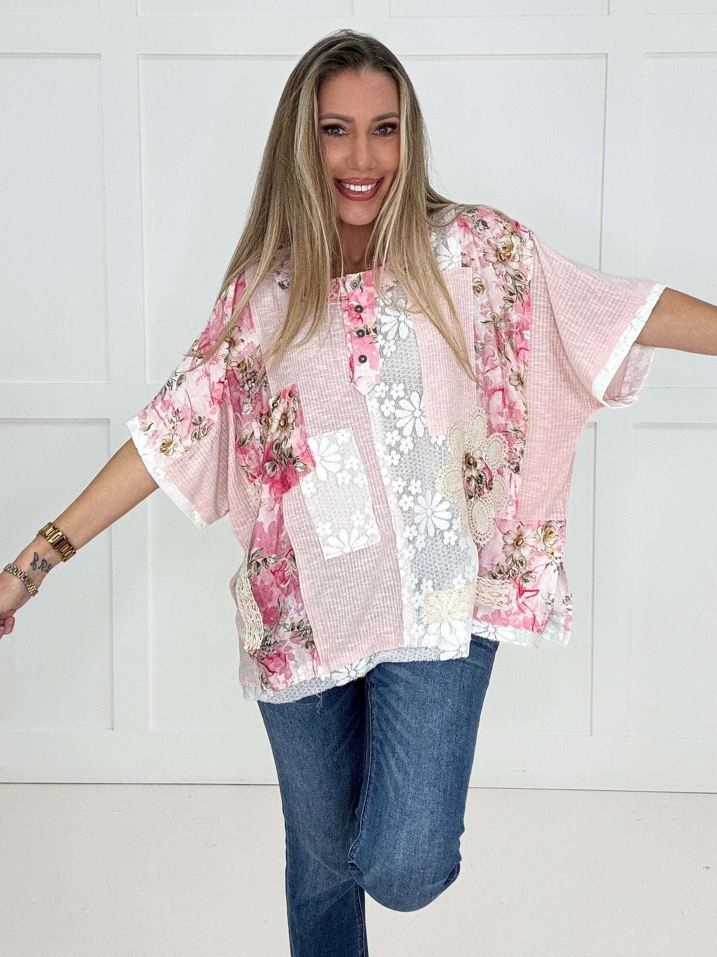 POL Pink Floral Patch Top-100 Short Sleeves- Simply Simpson's Boutique is a Women's Online Fashion Boutique Located in Jupiter, Florida