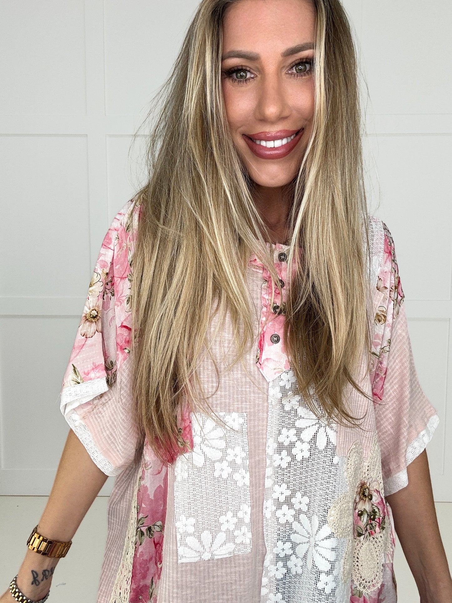 POL Pink Floral Patch Top-100 Short Sleeves- Simply Simpson's Boutique is a Women's Online Fashion Boutique Located in Jupiter, Florida