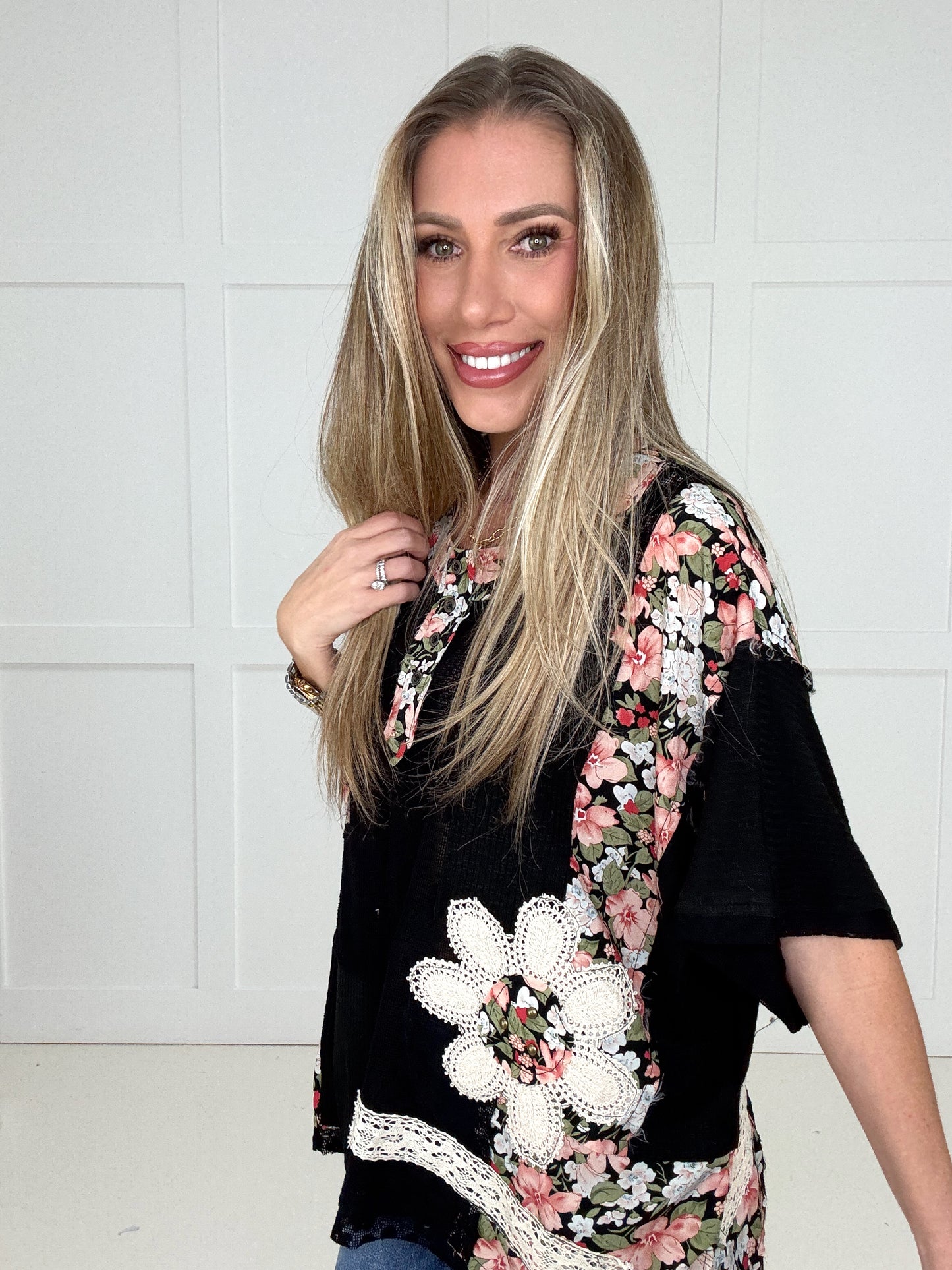 POL Black Floral Patch Top-100 Short Sleeves- Simply Simpson's Boutique is a Women's Online Fashion Boutique Located in Jupiter, Florida
