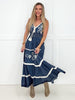 POL Deep V-Neck Sleeveless Embroidery Spangle Denim Long Dress