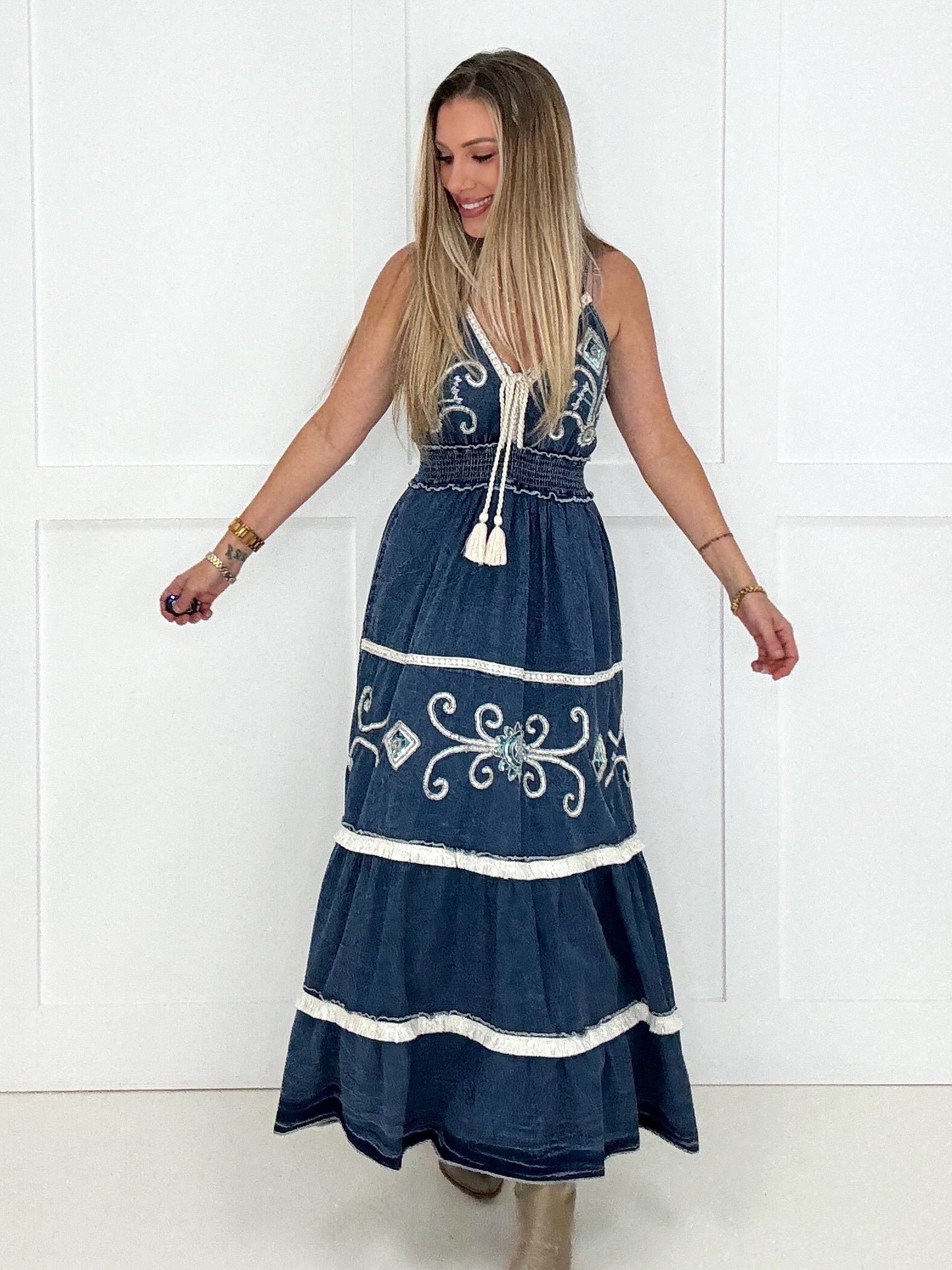 POL Deep V-Neck Sleeveless Embroidery Spangle Denim Long Dress