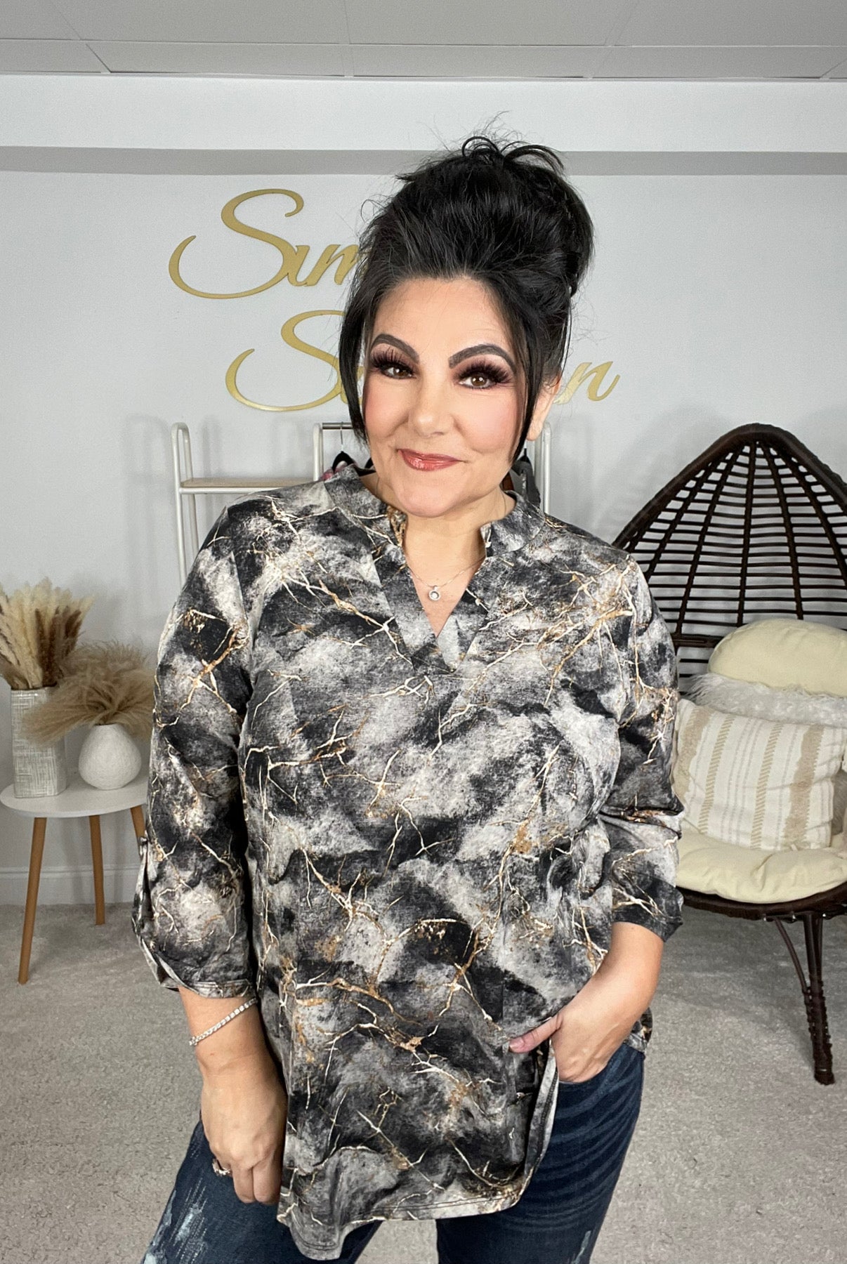 Dear Scarlett Charcoal/Gold Marble Print Lizzy-110 Long Sleeves- Simply Simpson's Boutique is a Women's Online Fashion Boutique Located in Jupiter, Florida