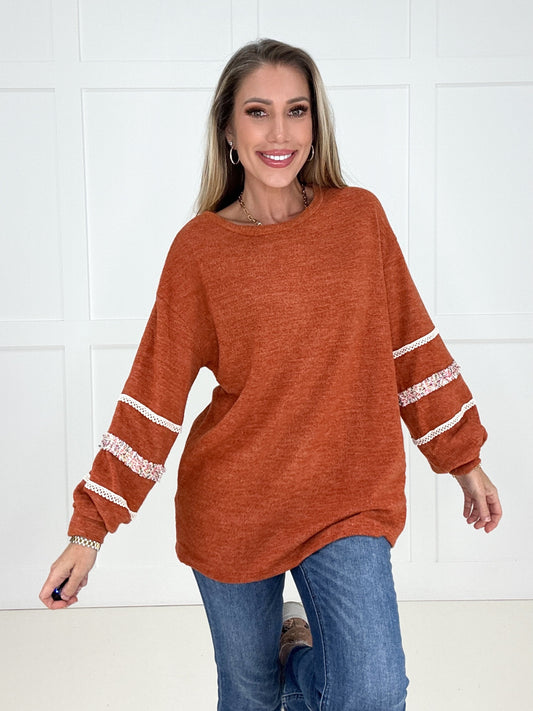 Copper Breeze Lace Detail Pullover-110 Long Sleeves- Simply Simpson's Boutique is a Women's Online Fashion Boutique Located in Jupiter, Florida