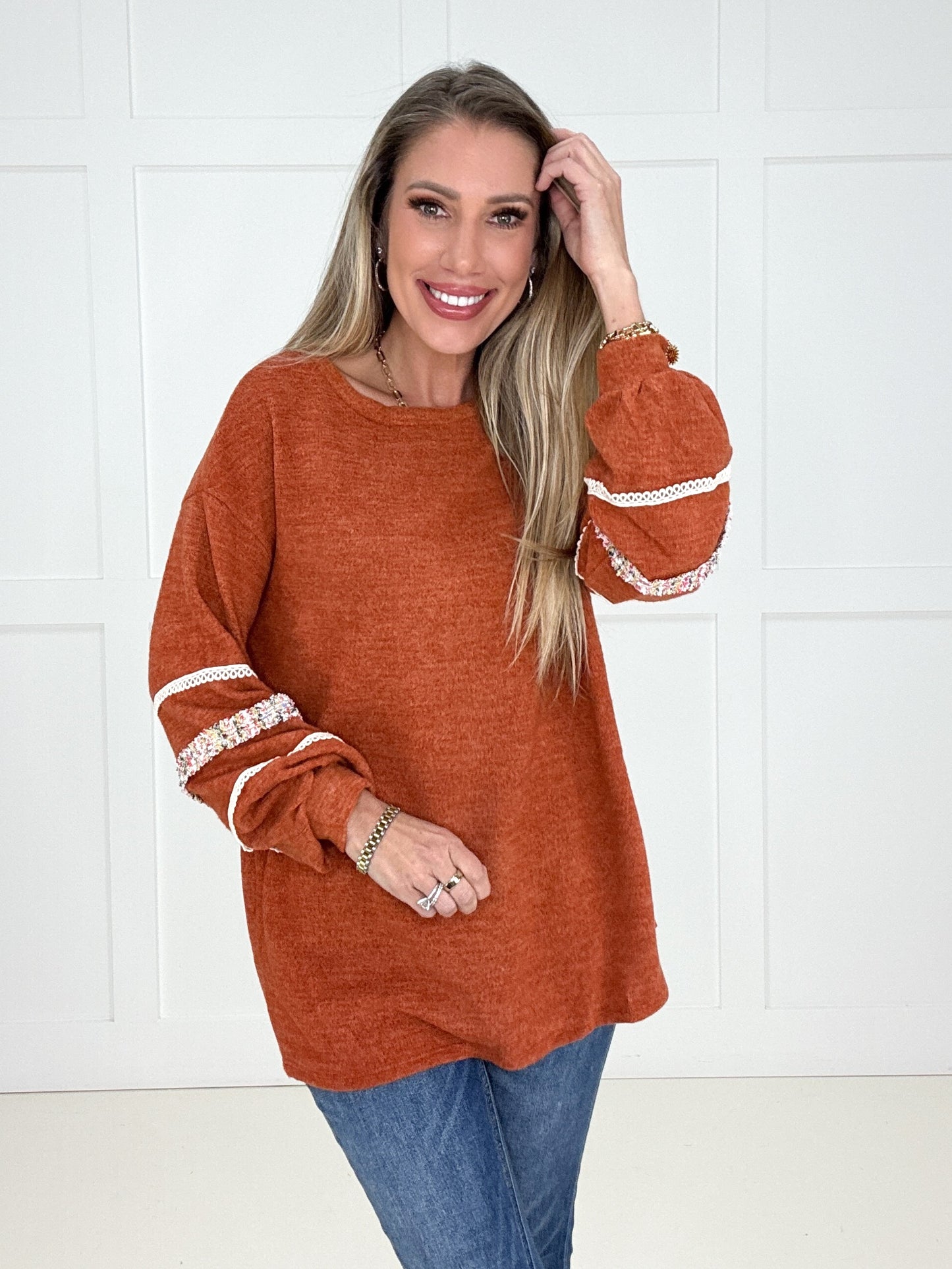 Copper Breeze Lace Detail Pullover-110 Long Sleeves- Simply Simpson's Boutique is a Women's Online Fashion Boutique Located in Jupiter, Florida