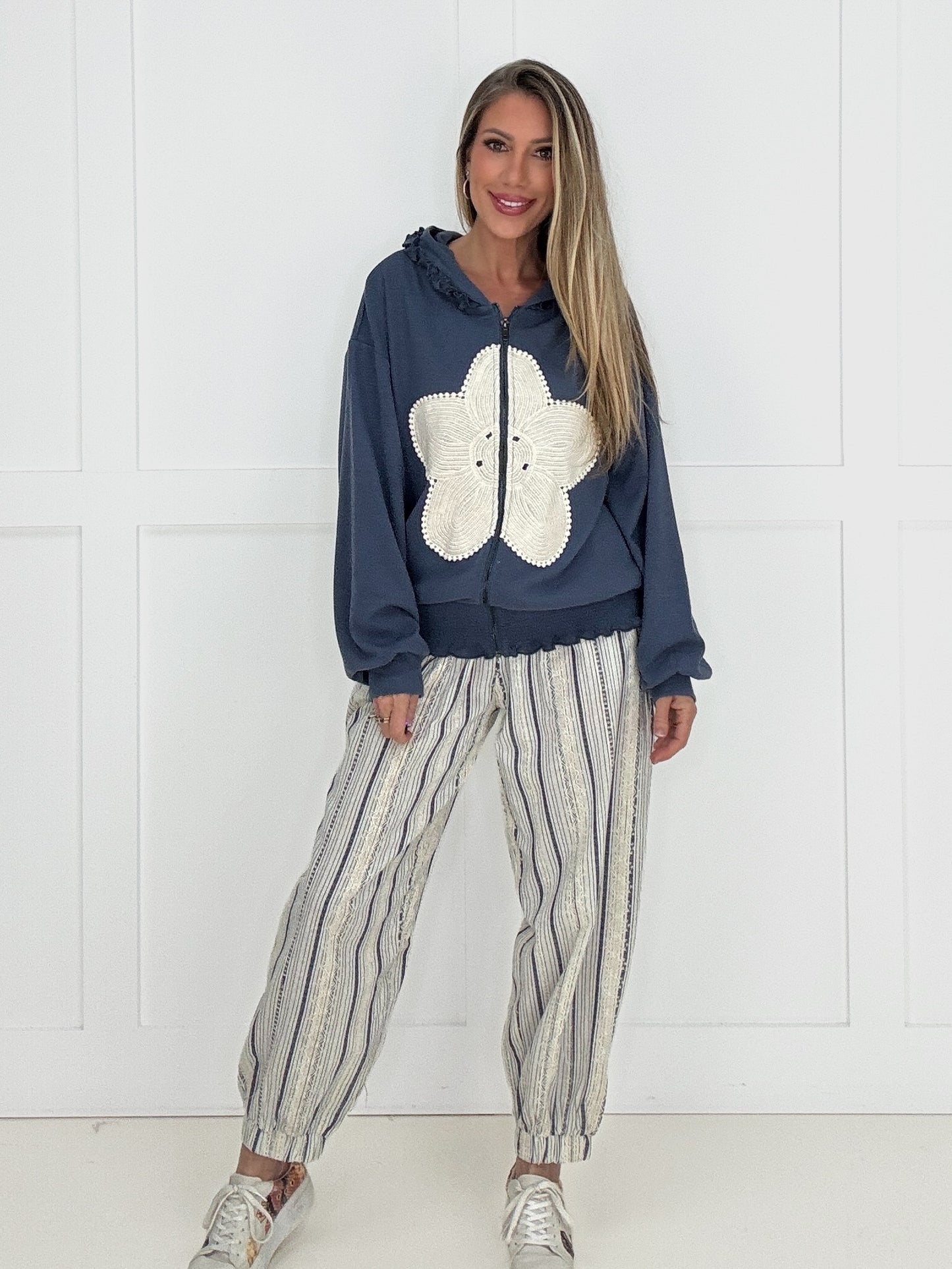Indigo Bloom Zip Up Hoodie-150 Sweaters- Simply Simpson's Boutique is a Women's Online Fashion Boutique Located in Jupiter, Florida