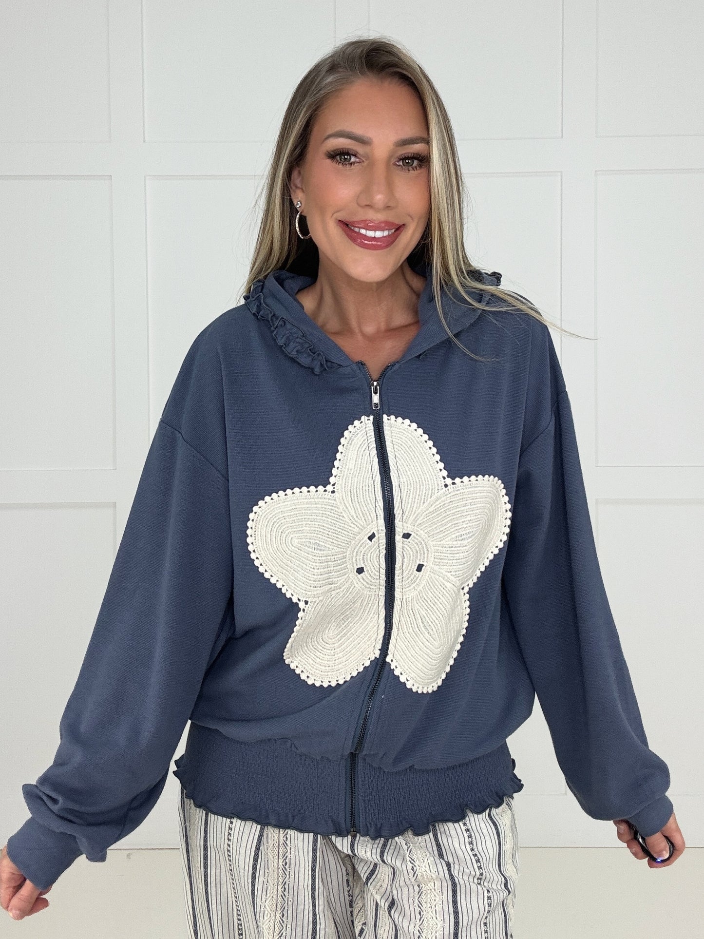 Indigo Bloom Zip Up Hoodie-150 Sweaters- Simply Simpson's Boutique is a Women's Online Fashion Boutique Located in Jupiter, Florida
