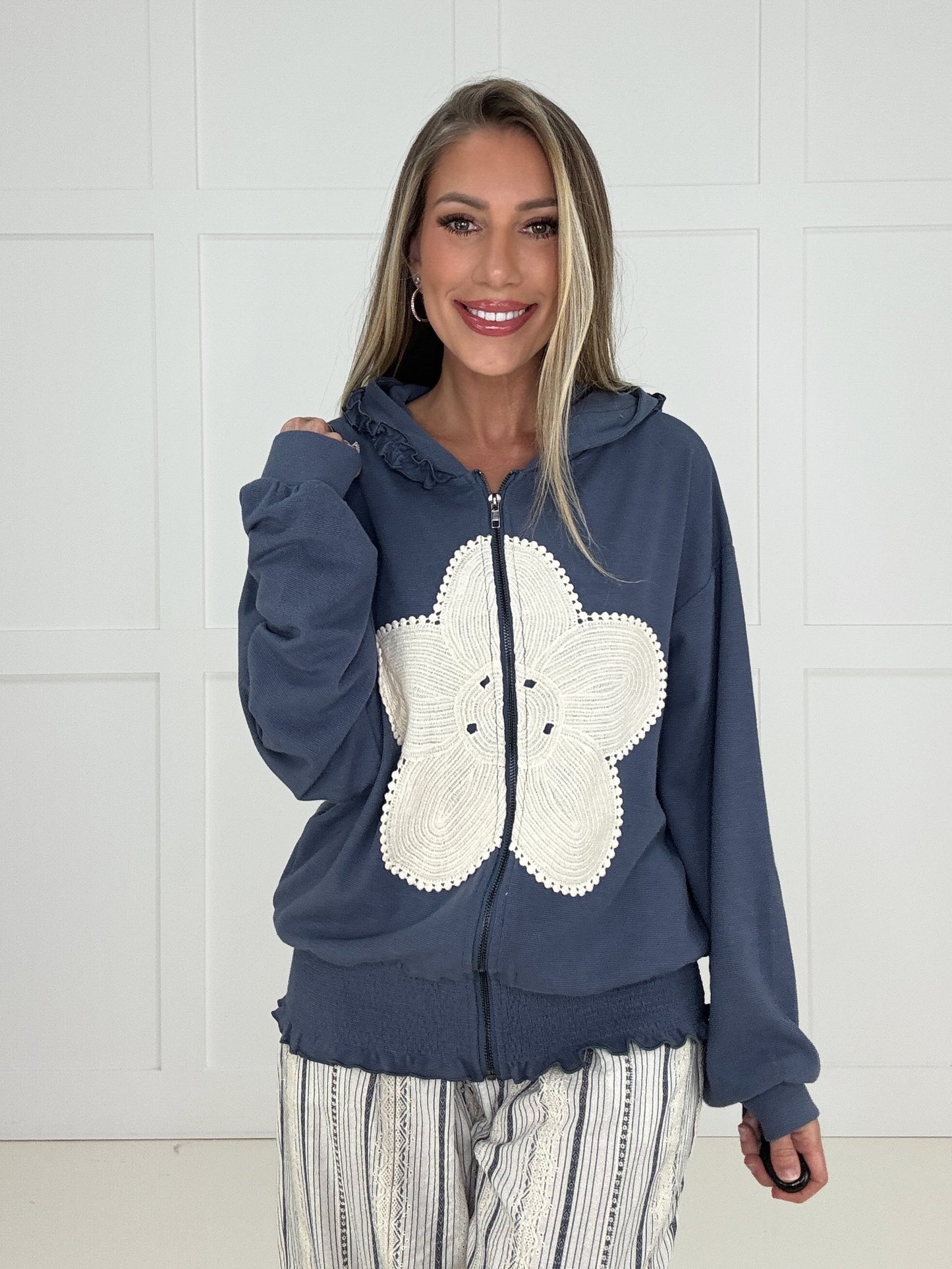 Indigo Bloom Zip Up Hoodie-150 Sweaters- Simply Simpson's Boutique is a Women's Online Fashion Boutique Located in Jupiter, Florida