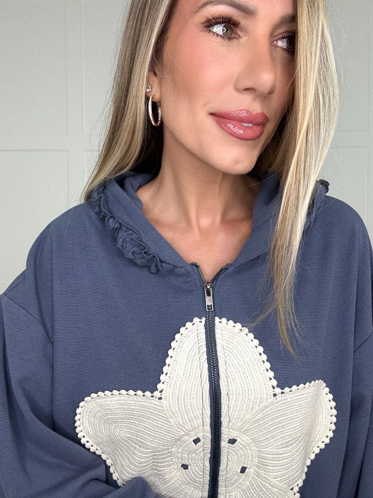 Indigo Bloom Zip Up Hoodie-150 Sweaters- Simply Simpson's Boutique is a Women's Online Fashion Boutique Located in Jupiter, Florida