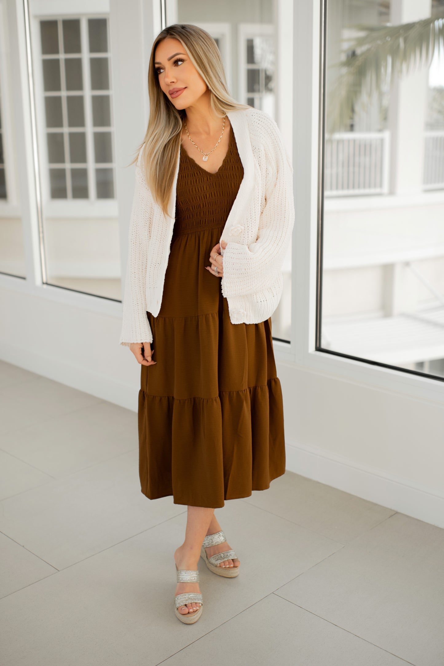 Brown Flutter Sleeve Midi Dress-240 Dresses- Simply Simpson's Boutique is a Women's Online Fashion Boutique Located in Jupiter, Florida