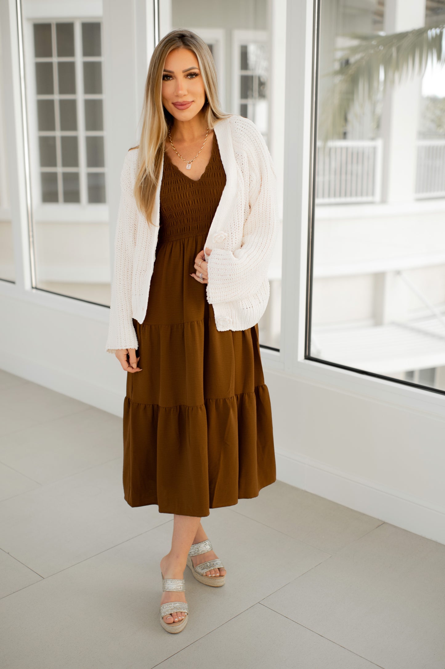 Brown Flutter Sleeve Midi Dress-240 Dresses- Simply Simpson's Boutique is a Women's Online Fashion Boutique Located in Jupiter, Florida