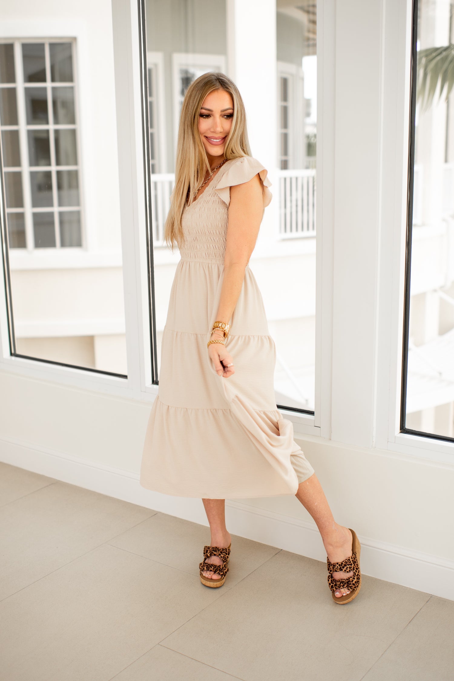 khaki midi dresses Khaki Flutter Sleeve Midi Dress