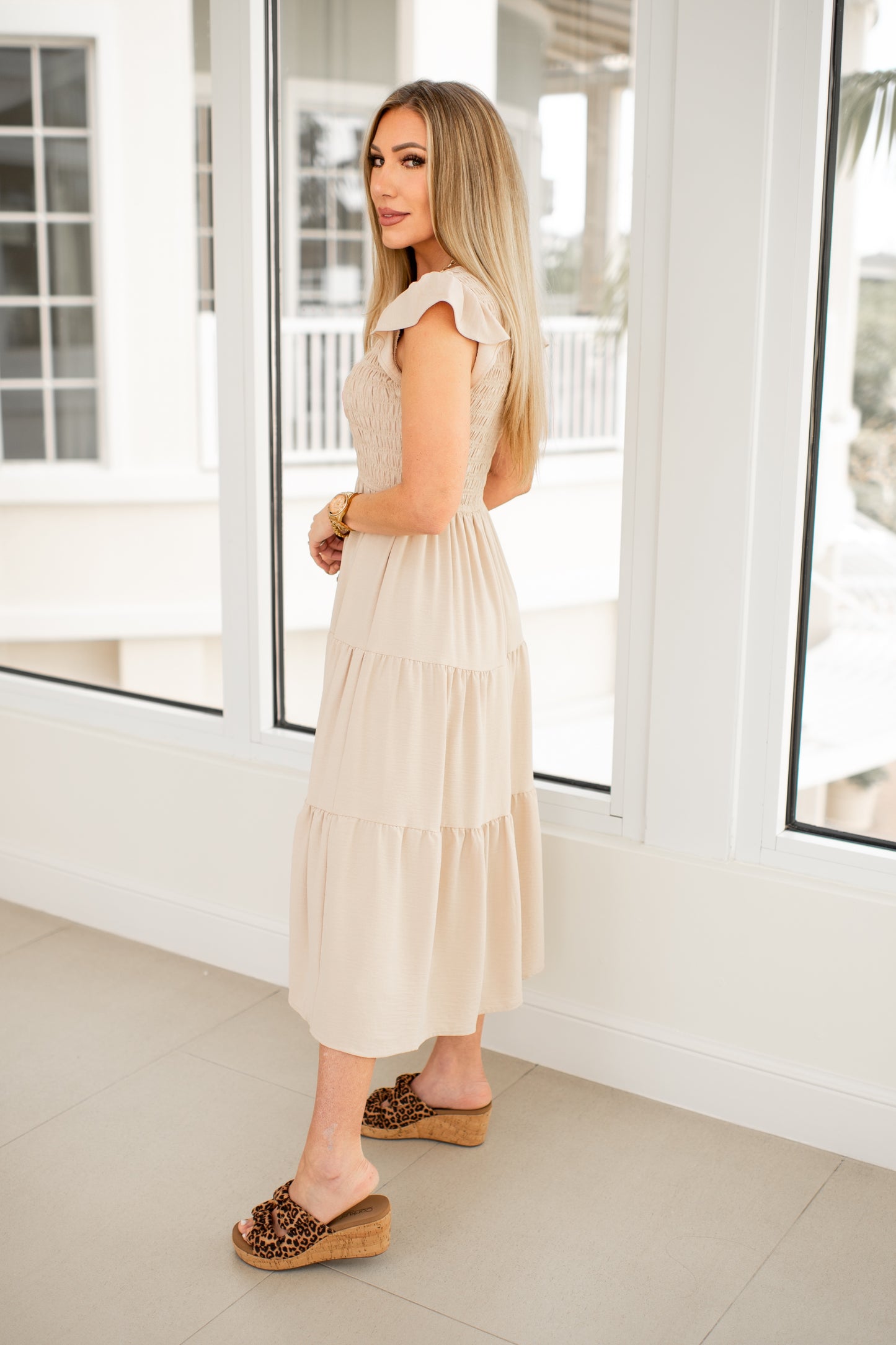 Khaki Flutter Sleeve Midi Dress-240 Dresses- Simply Simpson's Boutique is a Women's Online Fashion Boutique Located in Jupiter, Florida