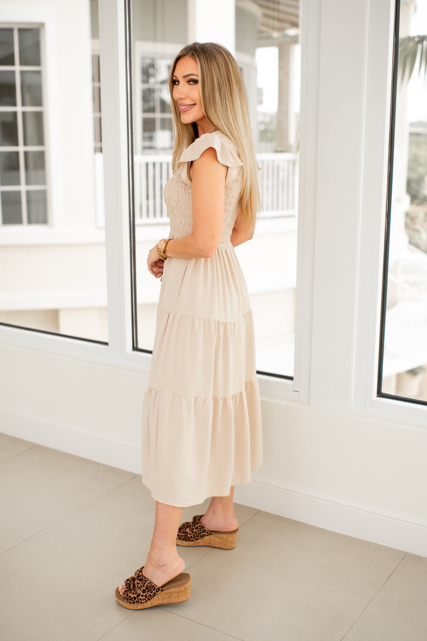 Khaki Flutter Sleeve Midi Dress-240 Dresses- Simply Simpson's Boutique is a Women's Online Fashion Boutique Located in Jupiter, Florida