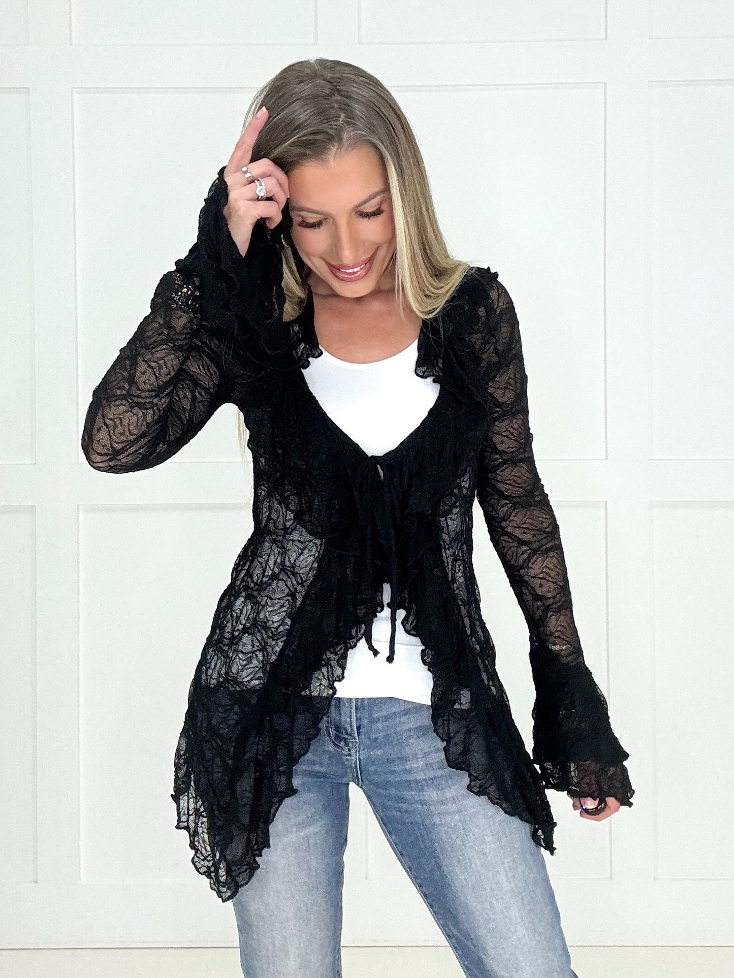 Black Lace Bell Sleeve Cardigan